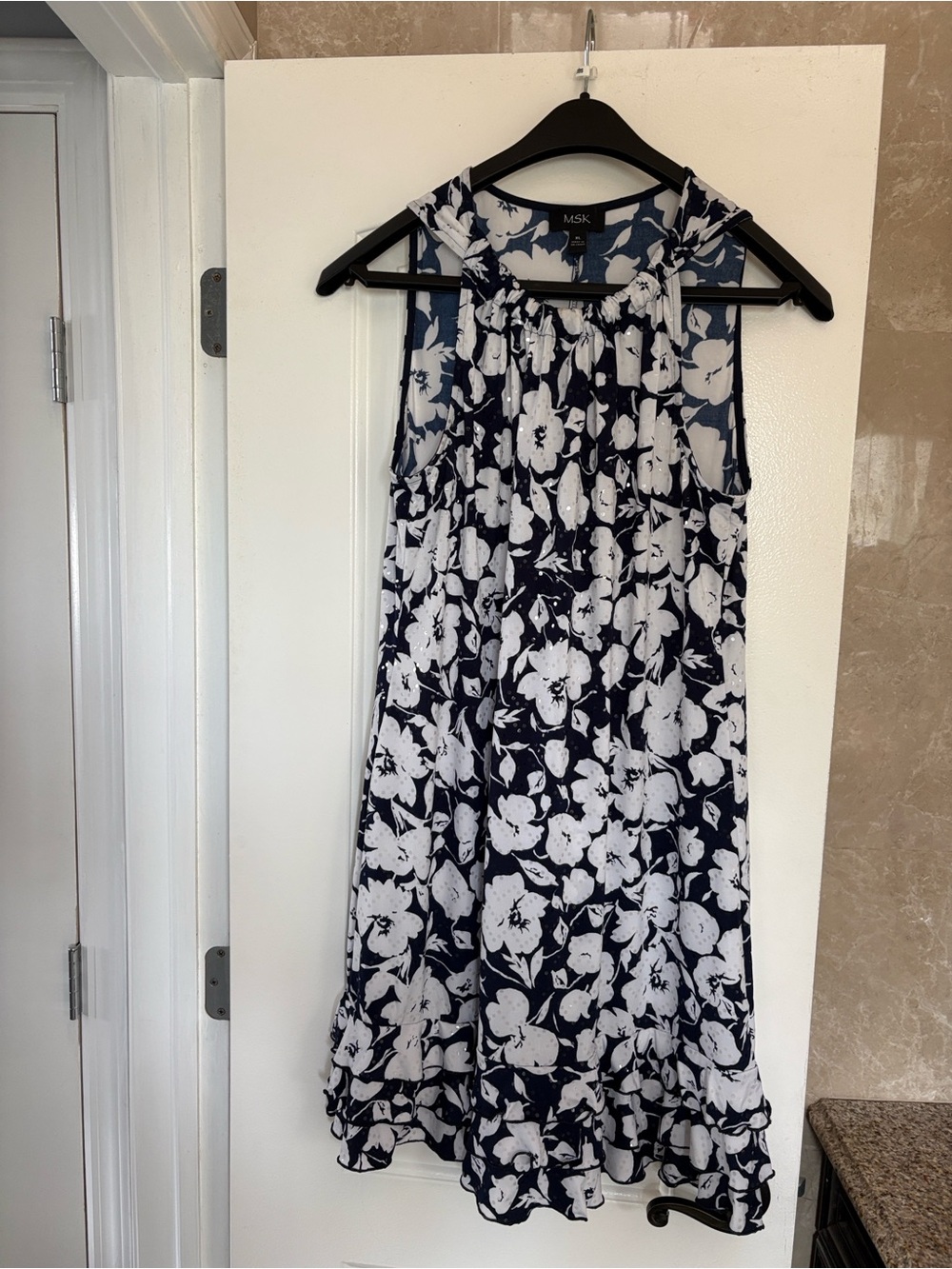MSK Navy and White Floral Ruffle-Hem Sleeveless Dress